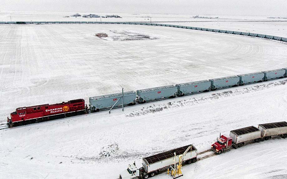 A CPKC unit grain train on a loading loop track.