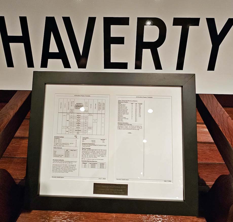 A replica of the Haverty Subdivision sign and timetable.