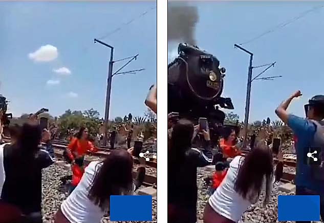 The woman set herself up for a selfie kneeling too close to the train.