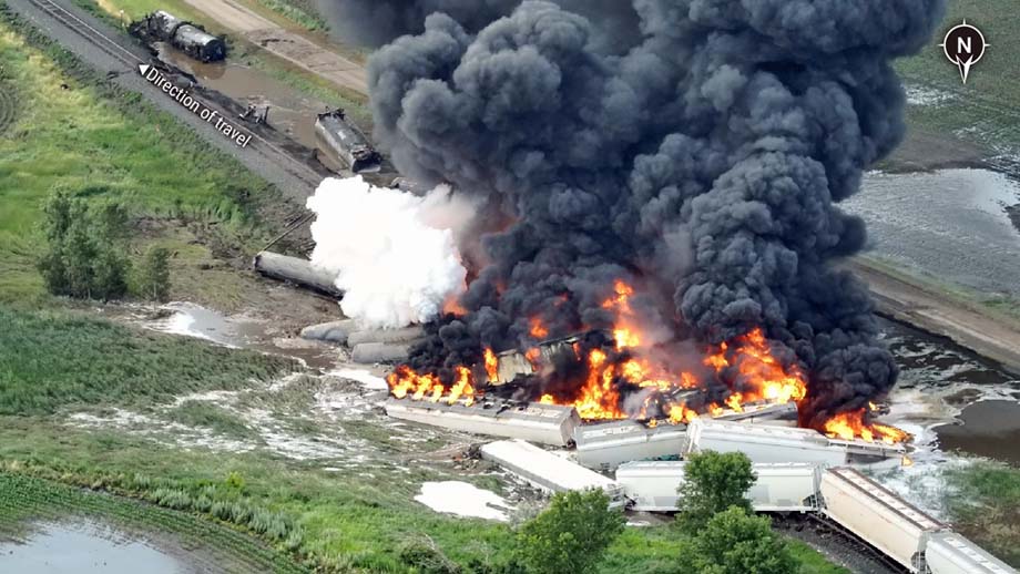 Railcars burn at derailment near Bordulac.