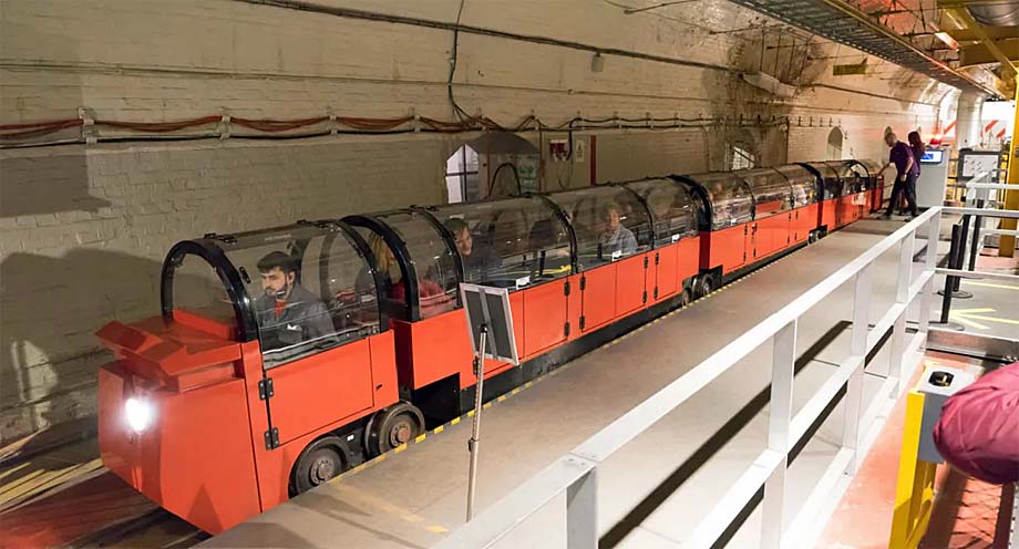 A present day Mail Rail train in the Phoenix Street terminal.