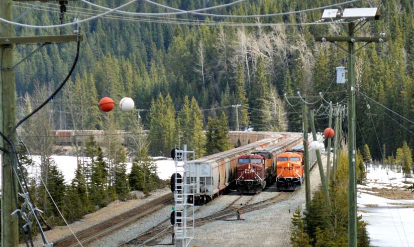 Two CP trains wait near the Field west switch.