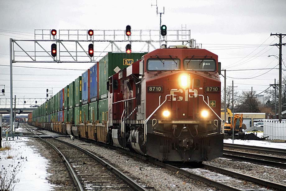 A CP intermodal train departs Bensenville Yard.