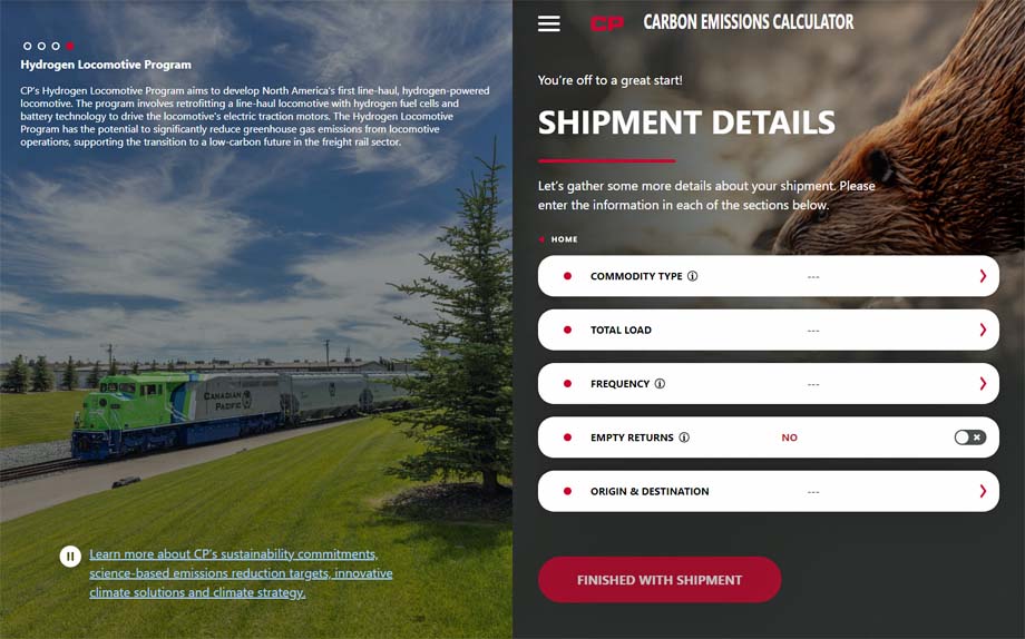 A screen capture of CP's Carbon Emissions Calculator.