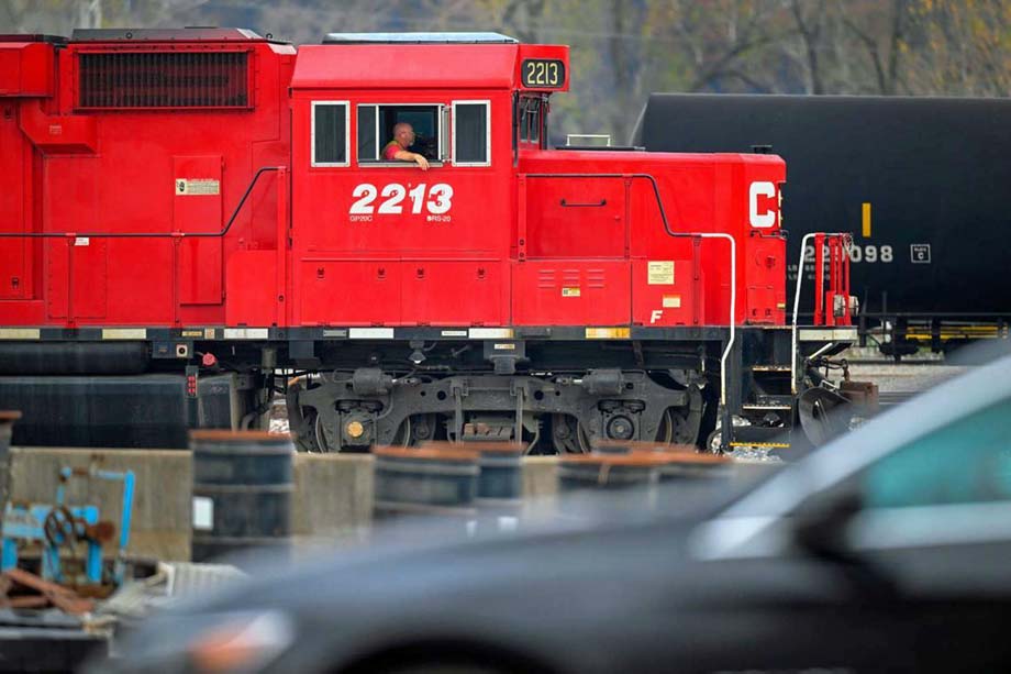 A CPKC locomotive rests in the East Bottoms rail yard.