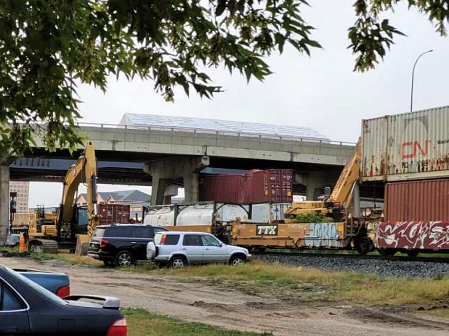 Brandon's Daly Overpass with new overpass under construction behind.