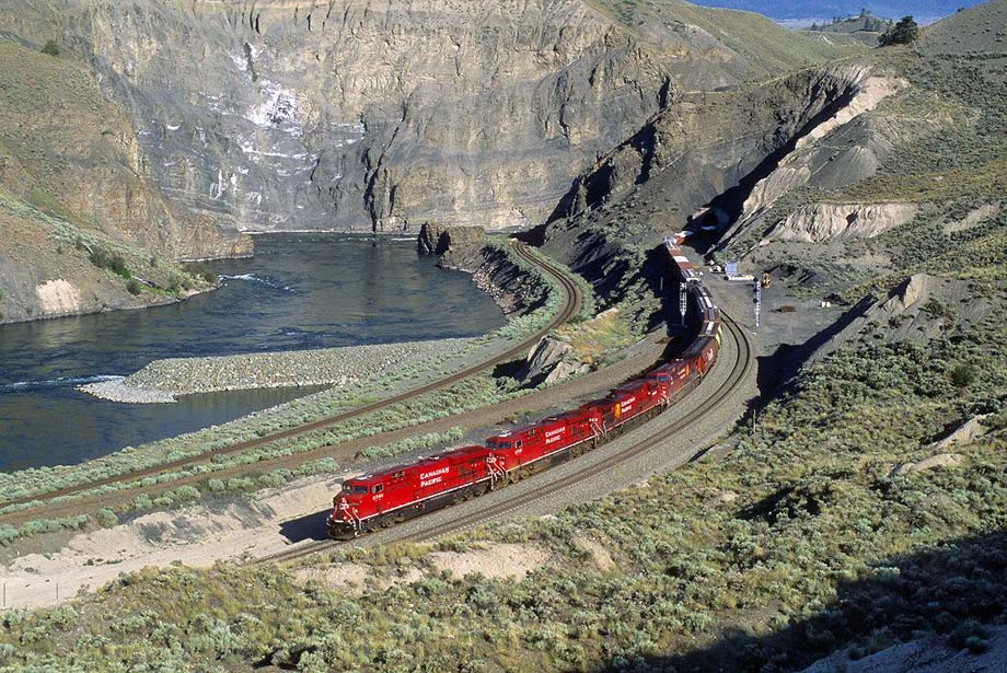 A westbound CPKC freight train in Black Canyon.