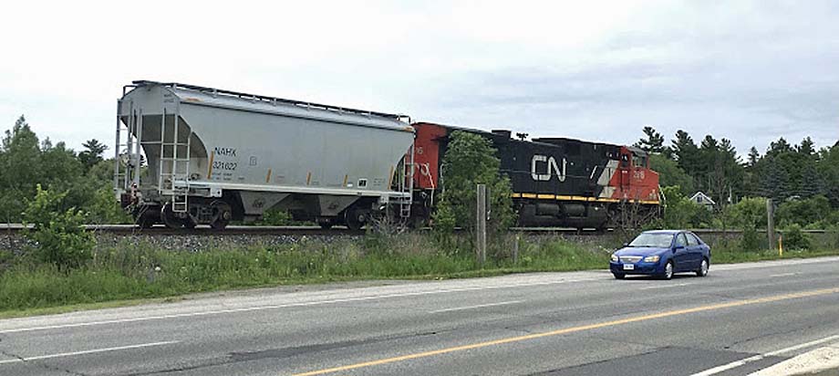 A CN locomotive with one center-flow hopper car.