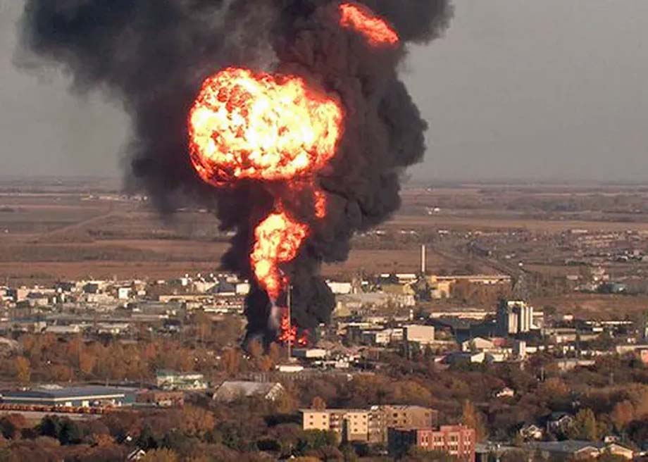 A fireball rises over St. Boniface.