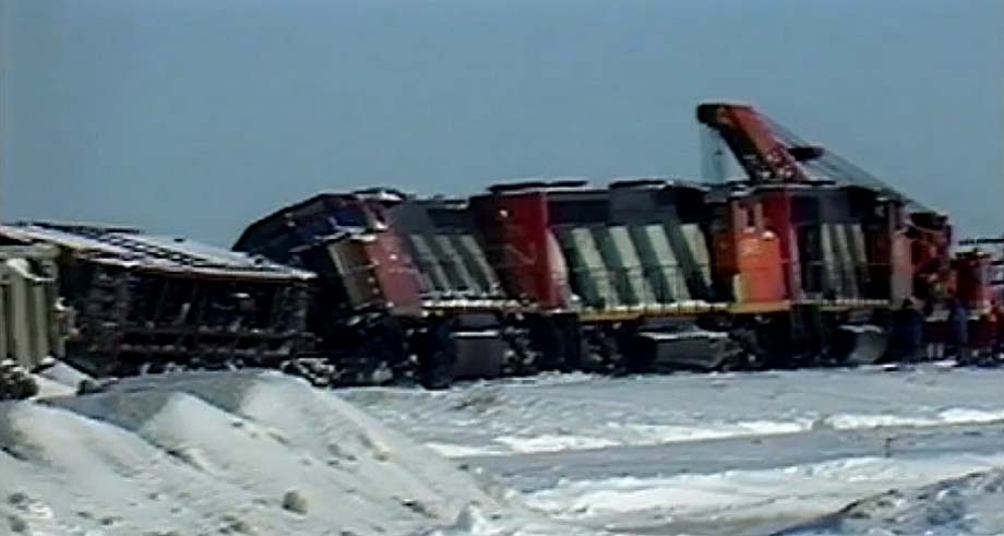 Derailed CN locomotives.