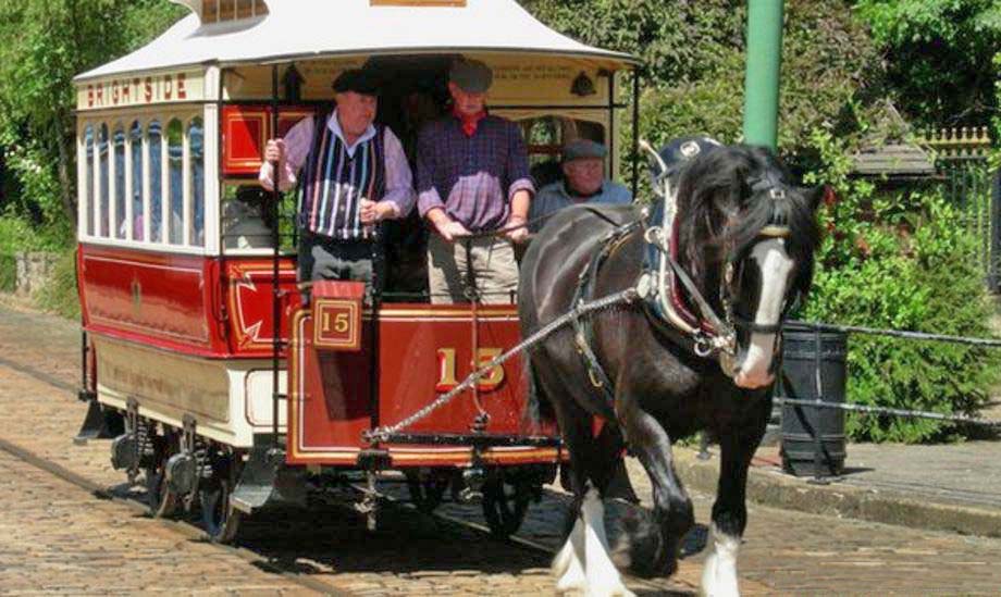 The Sheffield 15 horse drawn tram at Crich Tramway Village.