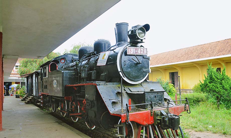 A Japanese built 2-6-2T Prairie adhesion locomotive rests at the Da Lat station.